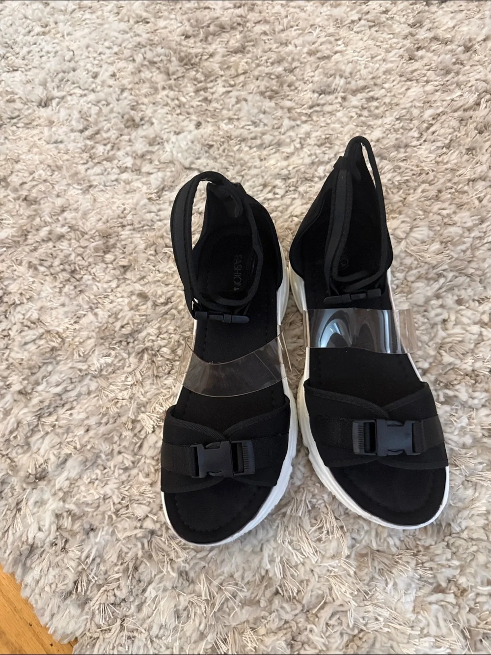 Fashion Nova Black Sport Sandals with Clear Accent Strap